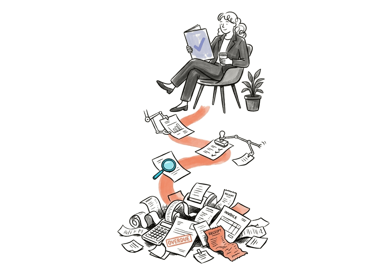 Illustration showing chaotic financial documents being transformed into a clean organized report through automation