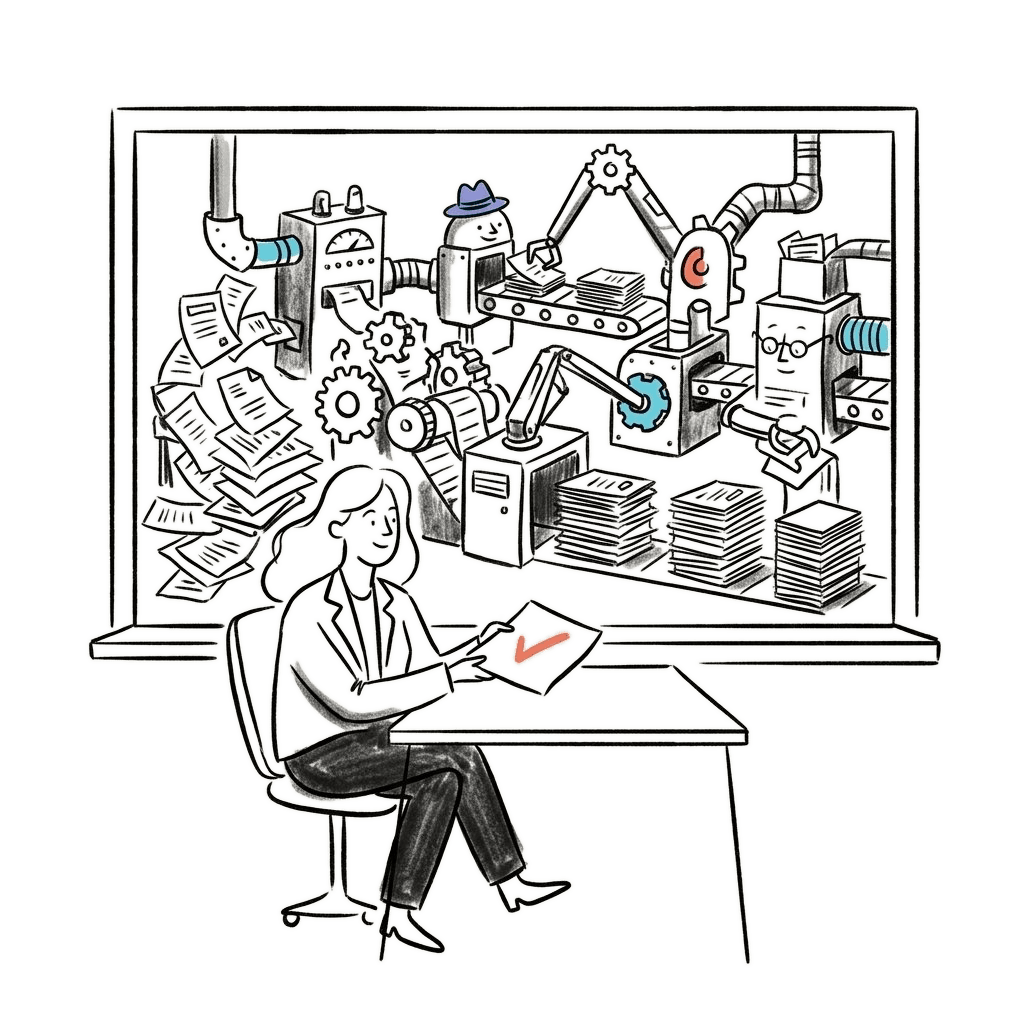 Illustration of a person calmly receiving a clean report while automated machines organize financial documents in the background