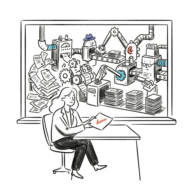 Illustration of a person calmly receiving a clean report while automated machines organize financial documents in the background